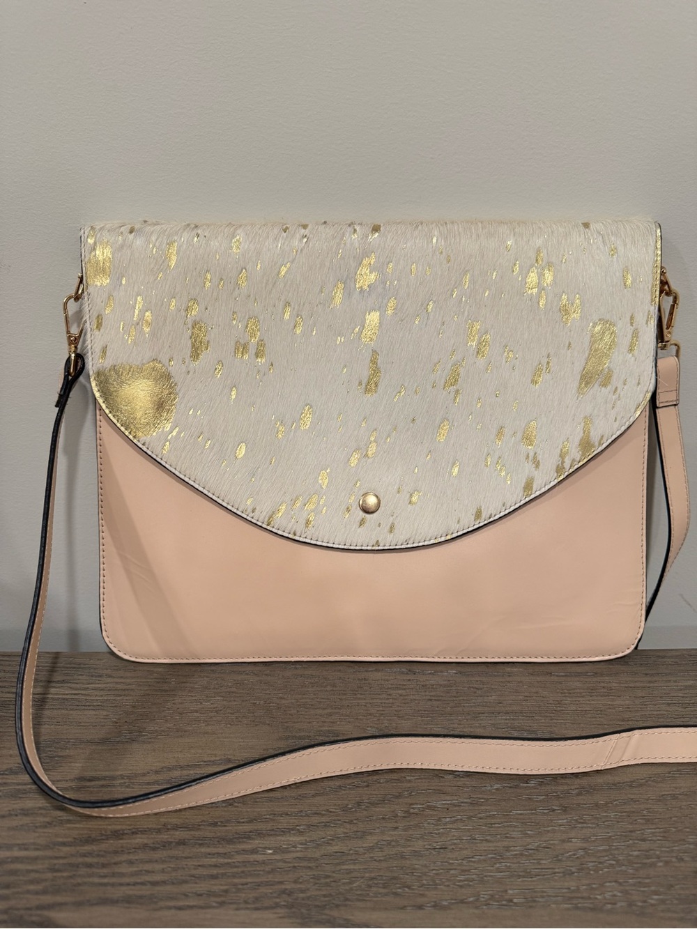 Jane Marie Leather & Hair-on-Hide Foldover Bag | Pink Blush & Metallic Gold